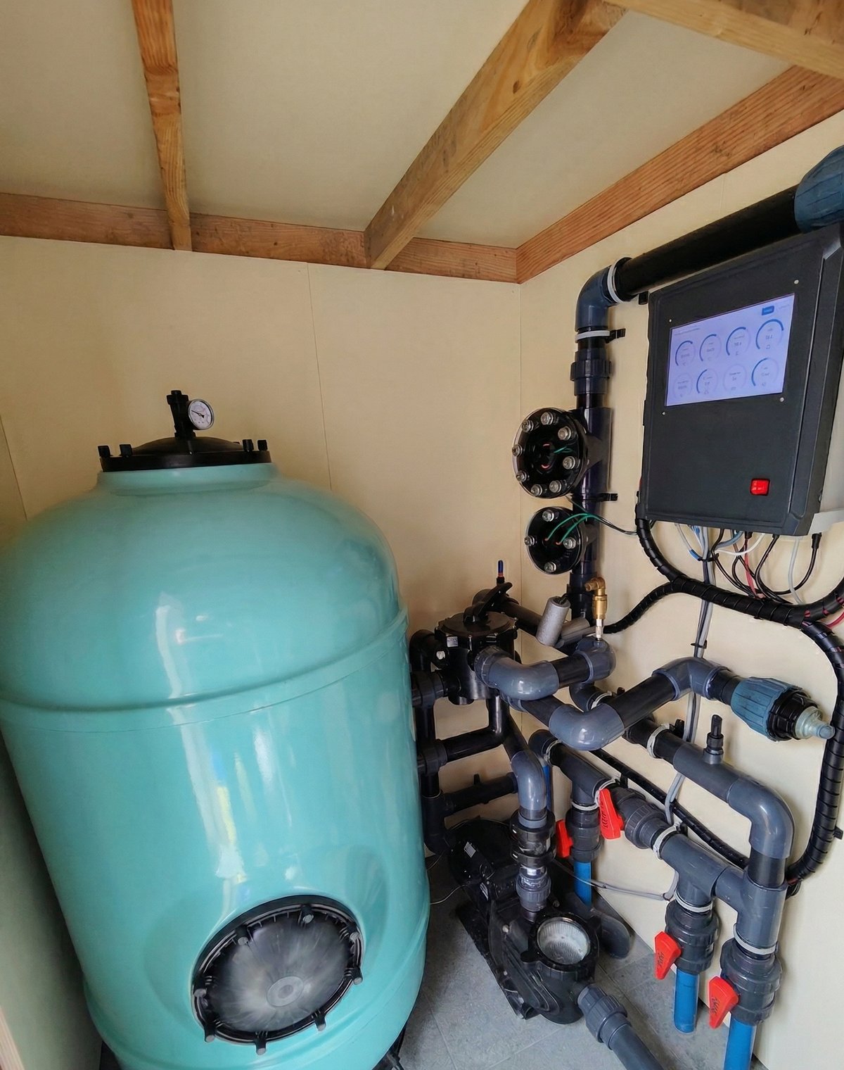 Oxytronix system installed — filter, control panel, UV chamber, and pump