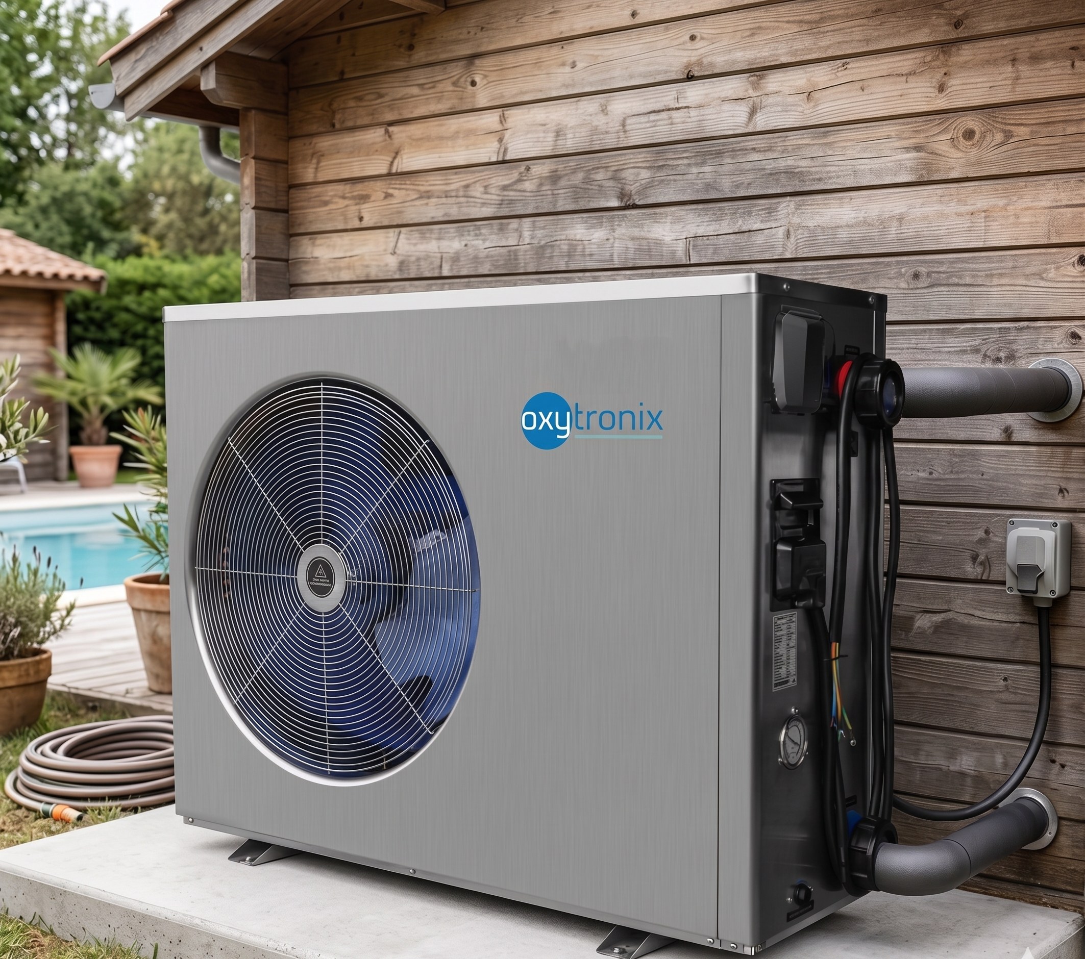 Oxytronix pool heat pump installed beside a pool